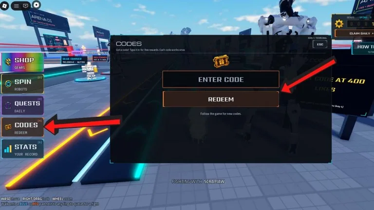 Screenshot published by Destructoid showing the Codes button on the left, an Enter Code field and the Redeem button